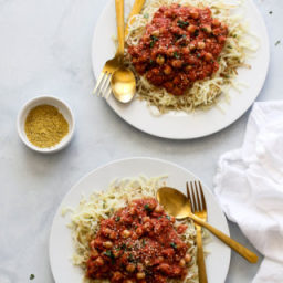 Chickpea and Hemp Heart Bolognese with White Sweet Potato Spirals