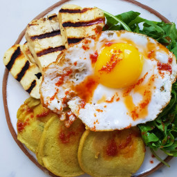 Chickpea Pancakes with Fried Duck Eggs, Rocket and Golden Halloumi