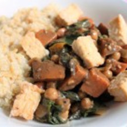 Chickpea, Spinach, Sweet Potato and Crispy Tofu in Spicy Peanut Sauce