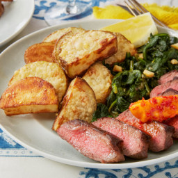 Chile Butter Steaks with Parmesan Potatoes & Spinach