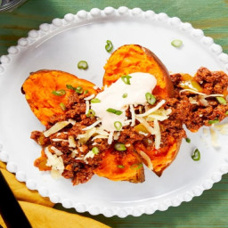 Chili-Loaded Sweet Potatoes with Monterey Jack and Hot Sauce Crema