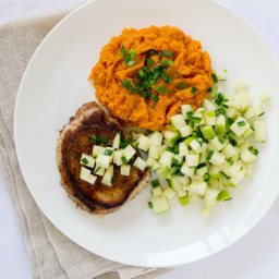 Chili-Rubbed Pork Chops with Apple Salsa and Sweet Potato Mash