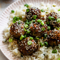 Chili-Soy Mushroom Meatballs with Ginger-Scallion Rice