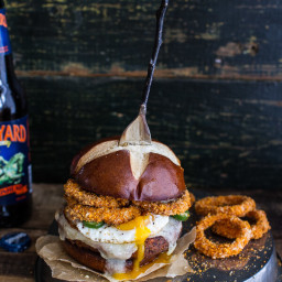 Chili Style Sweet Potato Black Bean Burgers w/Baked Cheddar Beer Onion Ring