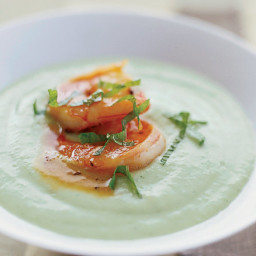 Chilled Cucumber-Avocado Soup with Spicy Glazed Shrimp