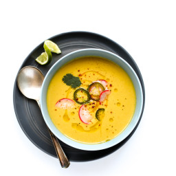 Chilled Vegan Sweet Corn and Cauliflower Bisque with Quick Pickled Veggies