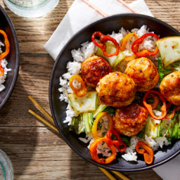 Chinese Chicken Meatballs with Bok Choy & Sweet Peppers