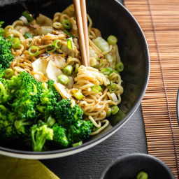 Chinese Longevity Noodles with Cabbage & Steamed Broccoli
