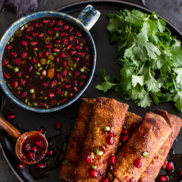 Chinese Chicken and Brussels Sprouts Egg Rolls with Sweet Chile Pomegranate