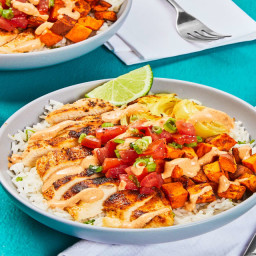 Chipotle Chicken & Rice Bowls with Roasted Sweet Potato & Salsa Fresca