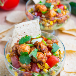 Chipotle Lime Shrimp and Guacamole Dip with Tomatoes and Charred Corn