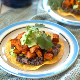 Chipotle Roasted Sweet Potato and Black Bean Tostadas with Avocado Lime Cre