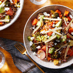 Chipotle Roasted Vegetable Salad with Farro, Orange, & Tortilla Strips