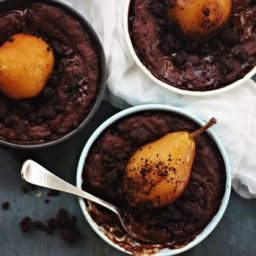 Chocolate and red wine self-saucing puddings with spiced poached pear and c
