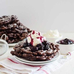 Chocolate Funnel Cake with Cherry Compote and Whipped Cream (Black Forest F