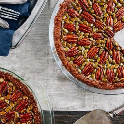 Chocolate, Pecan, and Pumpkin Seed Pie With Gingersnap Crust