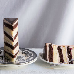 Chocolate Vanilla Tuxedo Cake with Raspberry White Chocolate Buttercream