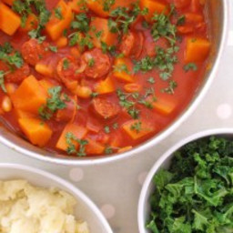 Chorizo, Cannellini Bean and Butternut Squash Stew with Mashed Potatoes and