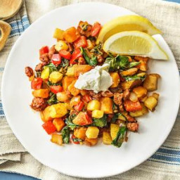 Chorizo-Spiced Kale and Pepper Hash with Sweet and Yukon Gold Potatoes