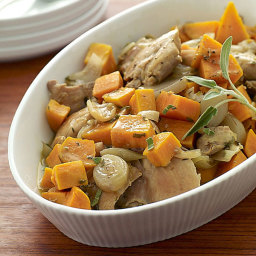 Cider-braised chicken thighs with sweet potatoes and sage