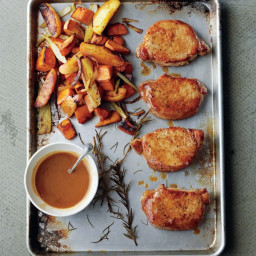 Cider-Dijon Pork Chops with Roasted Sweet Potatoes and Apples recipe | Epic