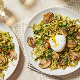 Cilantro-Miso Noodles with Soft-Boiled Eggs & Sesame Seeds
