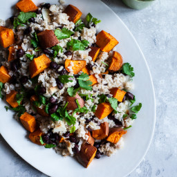 Coconut Brown Rice, Black Beans, and Sweet Potato with Cashew Cilantro Lime