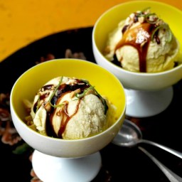 Coconut-Corn Ice Cream with Brown-Sugar Syrup and Peanuts