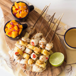 Coconut Encrusted Pineapple and Fish Kebabs with Mango Salsa