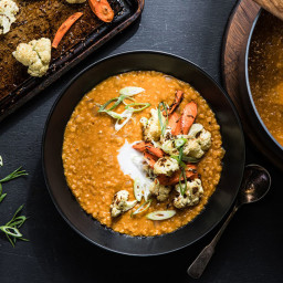 Coconut Lentil Soup with Caraway Roasted Vegetables 