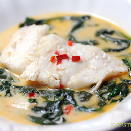 Coconut Milk Poached Cod with Spinach and Fresno Peppers