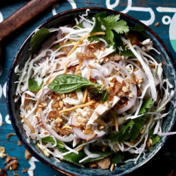 Coconut poached chicken with crispy noodle and peanut salad 