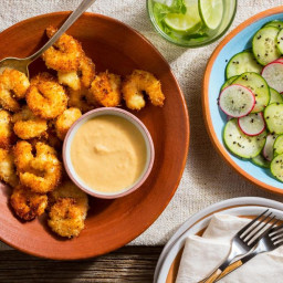 Coconut shrimp with cucumber salad and pineapple-ginger mayo