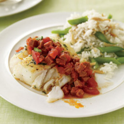 Cod with Chorizo and Almond-Green Bean Rice