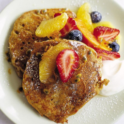 Coffee pancakes with breakfast fruits