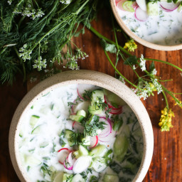 Cold Bulgarian soup with kefir, cucumbers, dill, walnuts and feta