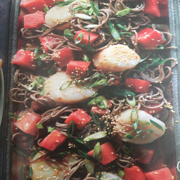 Cold Soba Noodles, Watermelon, and Scallops with Miso-Soy-Sesame Vinaigrett