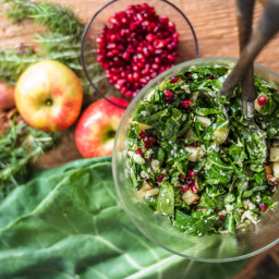 Collard Green and Brussels Salad with Apples, Pomegranate Seeds and Pecans