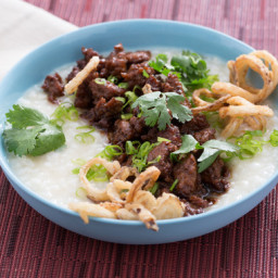 Congee and Caramelized Pork with Crispy Shallots and Black Garlic