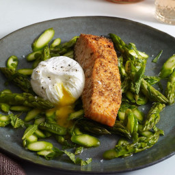 Coriander- and -Lemon-Crusted Salmon with Asparagus Salad and Poached Egg