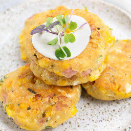 Corn Fritters (gluten-free) with Ham and Feta (2 ways)