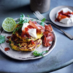 Corn fritters with crispy bacon, red pepper jam and soured cream