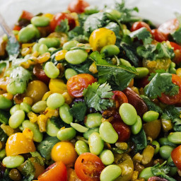 Corn Salad With Soybeans, Cherry Tomatoes, and Basil Recipe