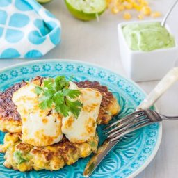 Corn and avocado fritters with avocado, yoghurt, coriander and lime sauce