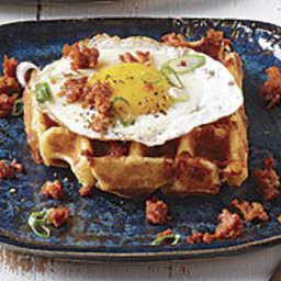 Cornmeal-Cheddar-Chipotle Waffles with Fried Eggs and Chorizo