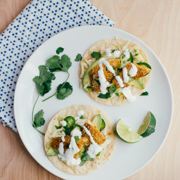 Cornmeal-Crusted Fish Tacos with Lime Crema and Cabbage Slaw