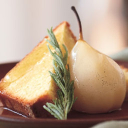 Cornmeal Pound Cake with Rosemary Syrup, Poached Pears, and Candied Rosemar