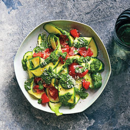 Courgette ribbons with mixed herb pesto & tomatoes