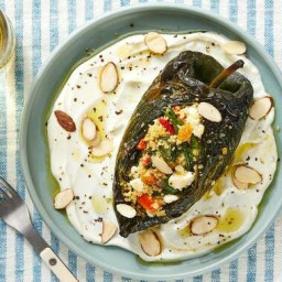 Couscous-Stuffed Poblano Peppers with Spinach, Raisins & Tahini Dressin