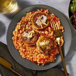 Crab Cakes over Risotto Fra Diavolo with Lemon Chili Butter and Spring Mix 